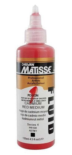 A versatile 135ml bottle of Matisse Fluid Acrylic Paint in vibrant Cadmium Red Medium, ideal for blending and fine brushwork.