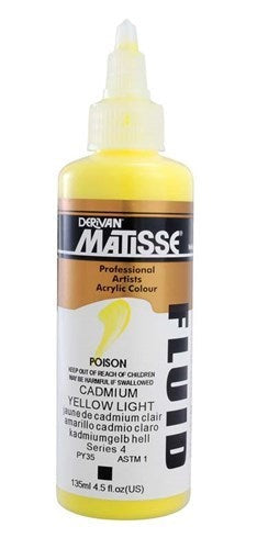 Matisse Fluid Acrylic in Cadmium Yellow Light, 135ml bottle, showcasing vibrant color and smooth, fluid consistency for artists.