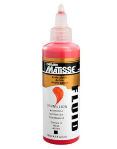 Vibrant 135ml Matisse Fluid Acrylic in Vermilion, known for its fluidity, intense color, and excellent lightfastness.