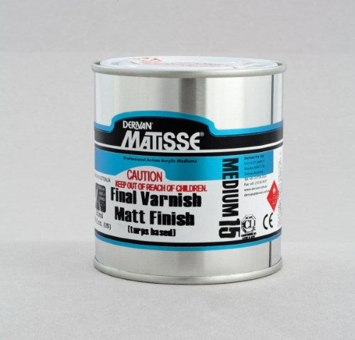 Matisse Mm15 250ml Matt Varnish T/B in a clear bottle, designed for a protective, non-yellowing, matte finish on artwork.