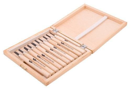 Wood carving set PM 210 with 10 precision tools and comfortable wooden handles for versatile carving projects.