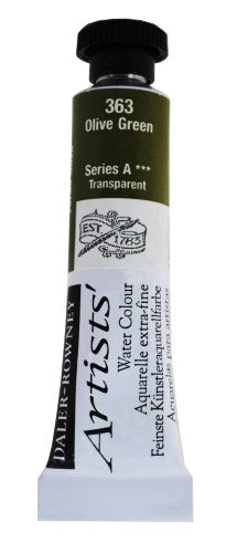 Daler-Rowney 5ml Olive Green watercolour tube, showcasing rich, lightfast pigments for versatile artistic techniques.