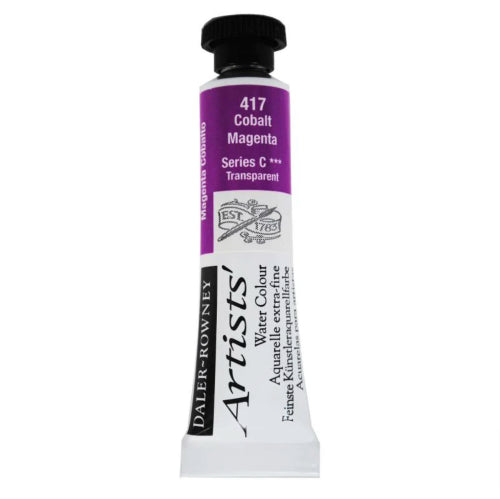 5ml tube of Daler-Rowney Artists Watercolour in Cobalt Magenta, known for its rich color brilliance and excellent mixing ability.