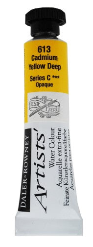 Daler-Rowney 5ml Cadmium Yellow Deep watercolour tube, offering vibrant, lightfast colour for professional artists' paintings.