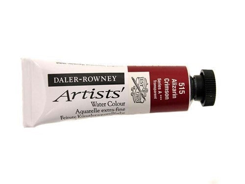 Daler-Rowney 15ml Alizarin Crimson watercolour paint tube, showcasing rich pigment and excellent blending for vibrant art.