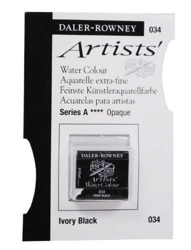 Daler Rowney Watercolour Half Pan in Ivory Black, offering rich color flow and exceptional blendability for artists.