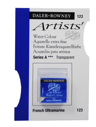 Daler Rowney French Ultramarine watercolour half pan, vibrant blue, ideal for smooth washes and detailed artwork.
