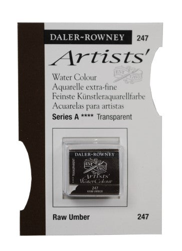 Daler Rowney Raw Umber Watercolour half pan, rich hue for smooth washes, ideal for landscapes and portraits.