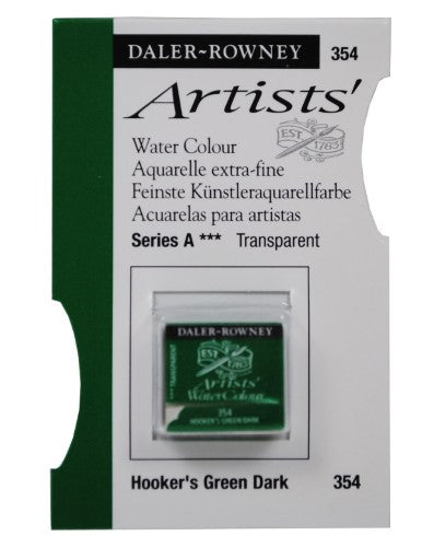 Half pan of Daler Rowney Hookers Green Dark watercolour paint, ideal for vibrant washes and nature-inspired artworks.
