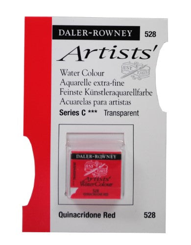 Daler Rowney Aquafine watercolour half pan in Quinacridone Red, offering vibrant, transparent color for professional-quality painting.