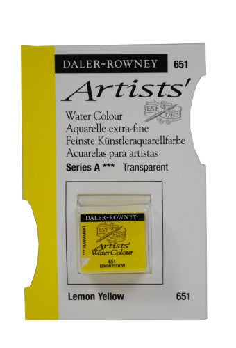 Vibrant lemon yellow half pan watercolor paint by Daler Rowney, perfect for smooth washes and detailed artwork.