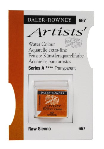 Premium Daler Rowney Raw Sienna watercolour half pan, offering vibrant color and smooth blending for artwork.
