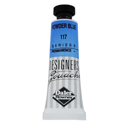 Rowney Gouache 15ml in Powder Blue, a vibrant, opaque paint ideal for artists, offering excellent coverage and smooth application.