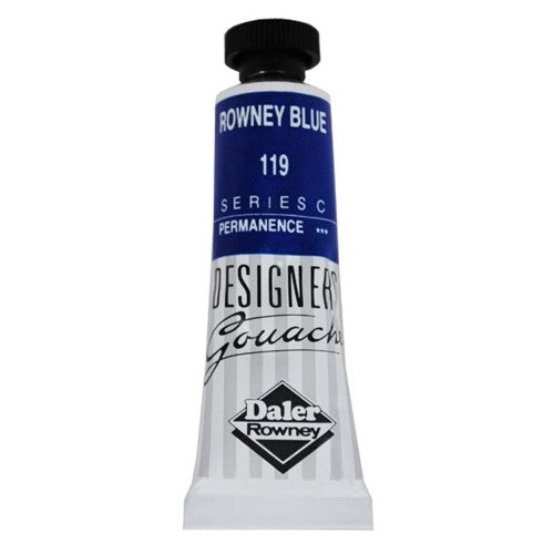 Vibrant 15ml tube of Rowney Blue gouache, perfect for professional artists with excellent coverage and intermixable colors.