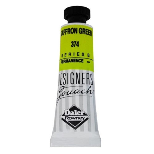 Rowney Gouache 15ml Saffron Green paint tube showcasing vibrant opaque color, ideal for artists and designers.