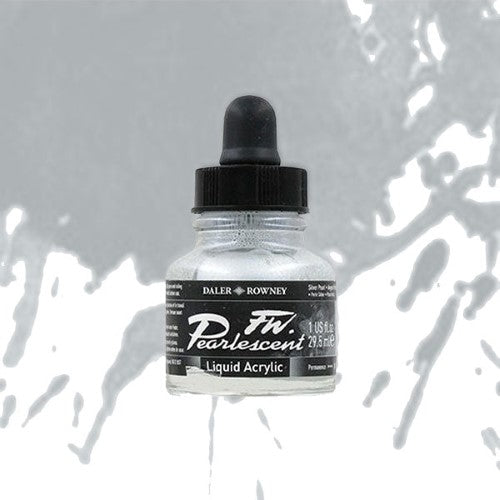 A bottle of Daler Rowney FW Acrylic Ink in Silver Pearl, showcasing its pearlescent finish for creative projects.