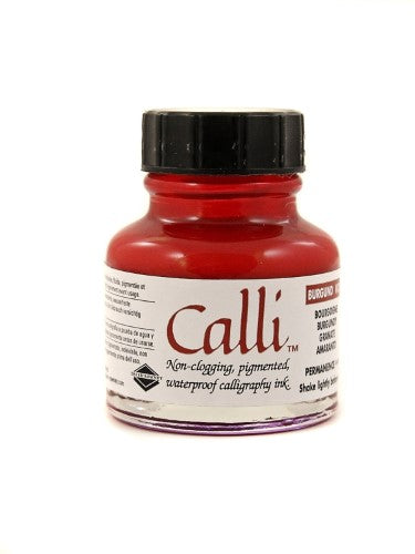 Rich burgundy calligraphy ink in a 29.5ml bottle, perfect for artists and hobbyists, featuring excellent flow and water resistance.