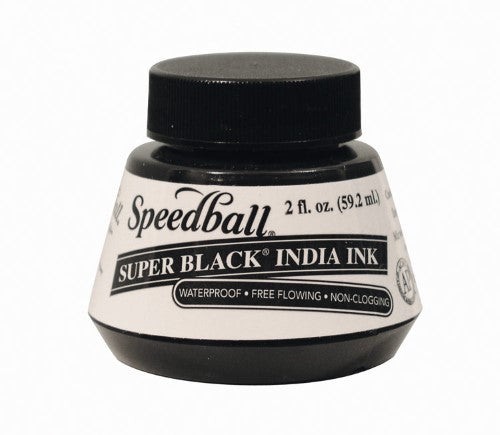 Speedball Super Black India Ink in a 2oz bottle, perfect for vibrant, waterproof artwork with exceptional opacity and lightfastness.