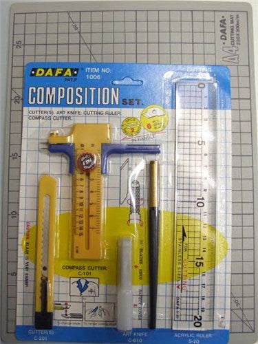Cm-4 Cutting Set featuring a cutting mat, compass cutter, snap-blade knife, art knife, and durable acrylic ruler for precision crafting.