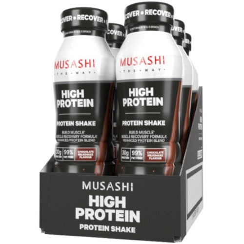 Musashi Protein Chocolate Milkshake 375ml (6 Pack) - creamy, ready-to-drink protein shakes for muscle recovery and growth.
