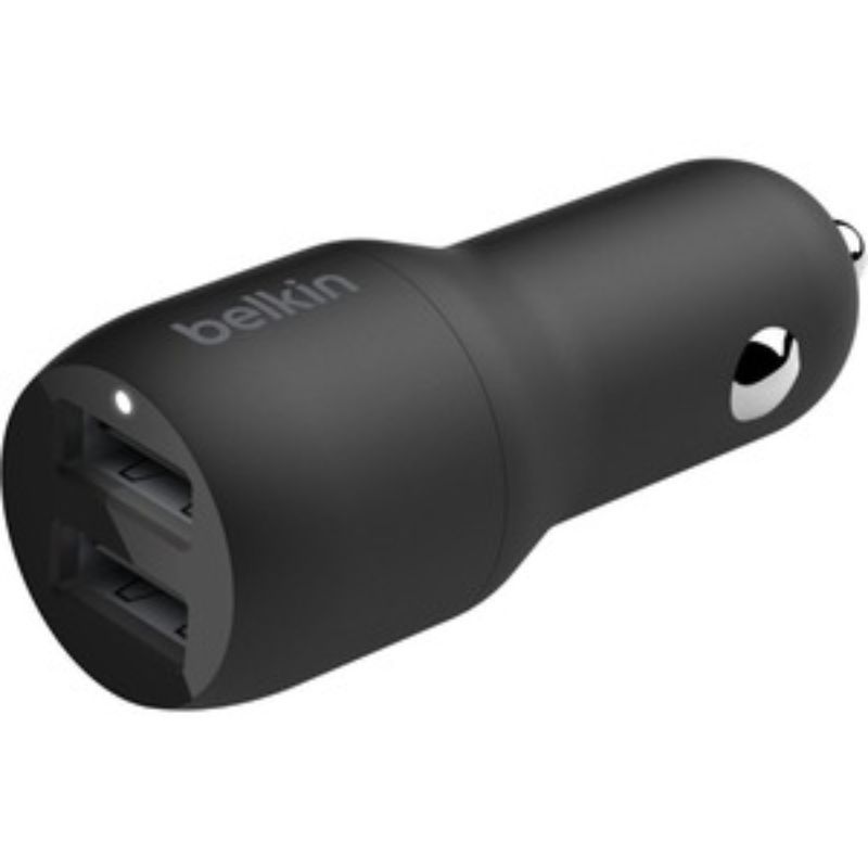 Belkin BOOST?CHARGE Auto Adapter for fast charging two USB devices simultaneously, featuring 12V input and 24W output.