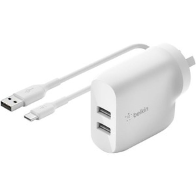 Belkin BOOST?CHARGE AC Adapter in white with dual USB-A ports for fast charging smartphones and tablets up to 24W.