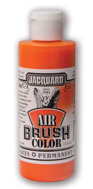 Bright orange airbrush paint in 118.29ml, ideal for custom designs on various surfaces like fabric, leather, and plastic.