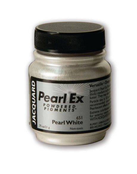 Jacquard Pearl Ex Powdered Pigment in Pearl White, perfect for adding metallic and pearlescent effects to various art mediums.