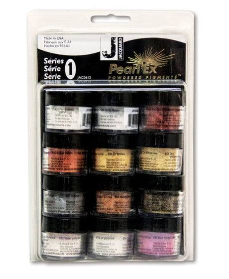 JACQUARD PEARL EX SET SERIES 1: 12 jars of vibrant powdered pigments for stunning metallic and pearlescent effects in crafts.