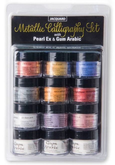 JACQUARD PEARL EX METALLIC CALLIGRAPHY SET with 9 vibrant Pearl Ex pigments for stunning metallic effects in calligraphy and crafts.