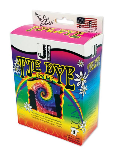 Colorful Tie Dye Kit featuring Magenta, Turquoise, and Yellow dyes for creating unique designs on cotton apparel.