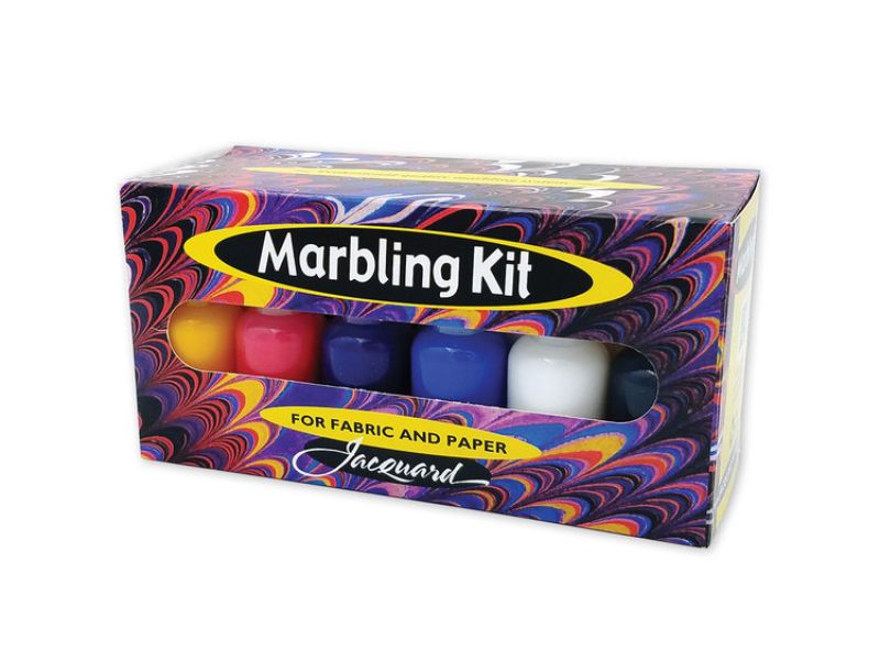 Colorful marbling starter kit with six vibrant colors, synthetic gall, and carrageenan for unique paper and fabric designs.
