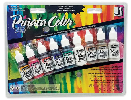 Vibrant JACQUARD Piñata Exciter Pack 9 featuring nine 0.5 fl oz alcohol ink bottles in stunning colors for creative projects.