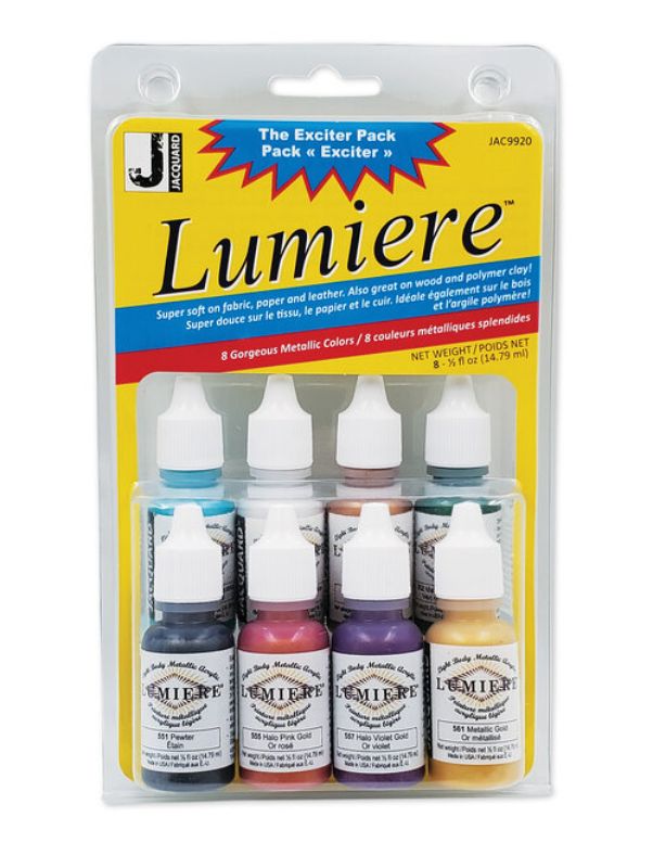 Vibrant JACQUARD LUMIERE MINI EXCITER PACK 8 with 8 rich colors for fabric and craft projects, showcasing exceptional brilliance.