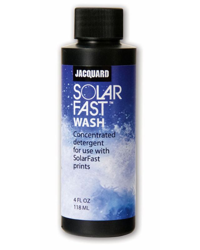 Bottle of JACQUARD SOLARFAST WASH (118.29ml) for preserving vibrant colors in fabric and paper projects while preventing backstaining.