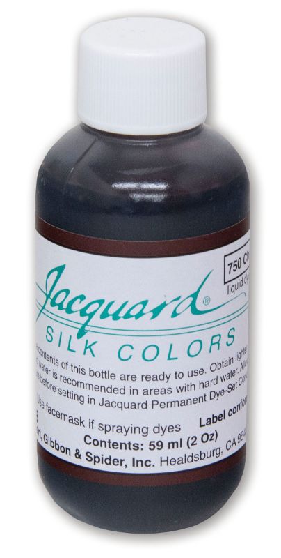 Jacquard Silk Green Label Chocolate Brown dye in a 59.15ml bottle, ideal for fabric dyeing with rich, vibrant color.