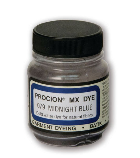 Deep Midnight Blue Procion MX dye powder (18.71g) for cold water dyeing on cotton, linen, and canvas fabrics.