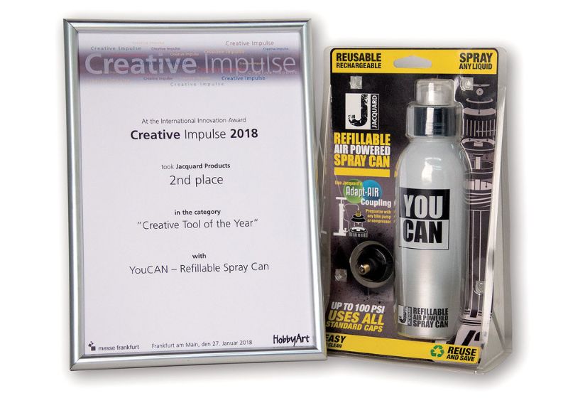 Refillable air-powered spray can by Jacquard, designed for versatile liquid use in creative projects, eco-friendly and user-friendly.