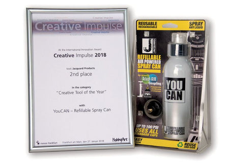 Refillable air-powered spray can by Jacquard, designed for versatile liquid use in creative projects, eco-friendly and user-friendly.