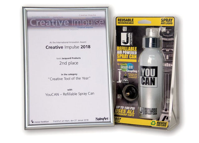 Refillable air-powered spray can by Jacquard, designed for versatile liquid use in creative projects, eco-friendly and user-friendly.