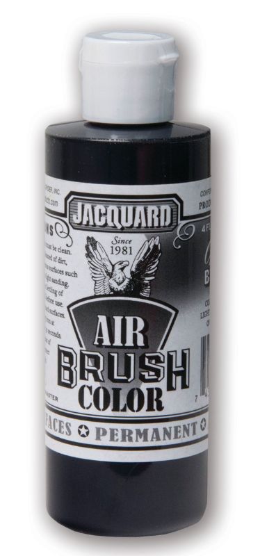 Jacquard Opaque Black 206 airbrush paint in a 118.29ml bottle, ideal for achieving deep, rich tones on various surfaces.