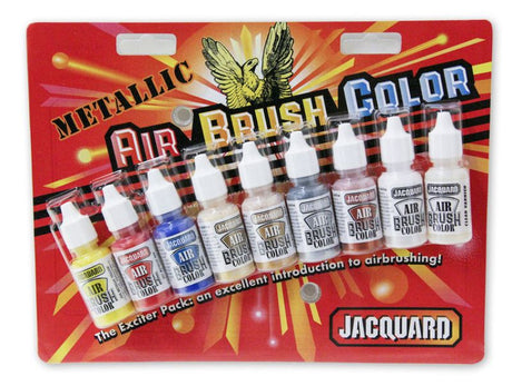 Jacquard Metallic Exciter Pack 9 features 9 vibrant airbrush paints in metallic shades for stunning artistic effects.