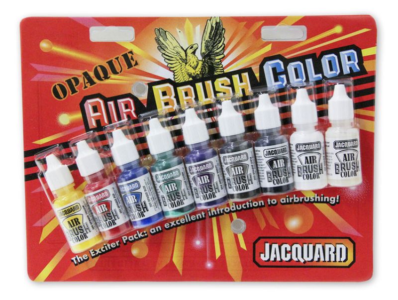 JACQUARD OPAQUE EXCITER PACK 9, featuring 9 vibrant airbrush paints for diverse artistic projects and stunning finishes.