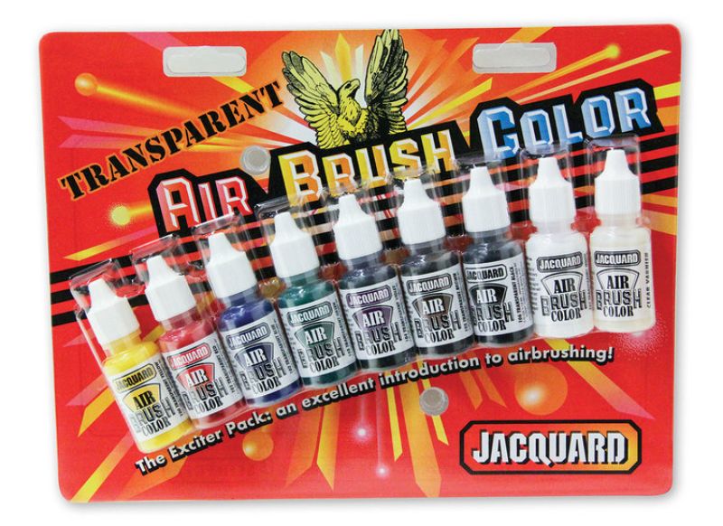 Set of 9 Jacquard Transparent Exciter airbrush paints for vibrant, transparent art on various surfaces.