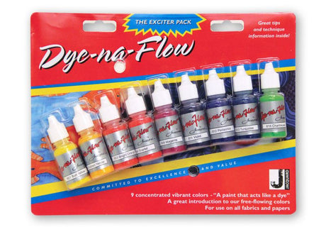 Fabric paint in the JACQUARD Dye-Na-Flow Exciter Pack 9, featuring vibrant, transparent colors for versatile fabric and surface art.