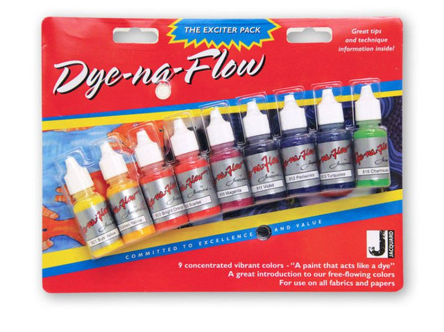 Fabric paint in the JACQUARD Dye-Na-Flow Exciter Pack 9, featuring vibrant, transparent colors for versatile fabric and surface art.