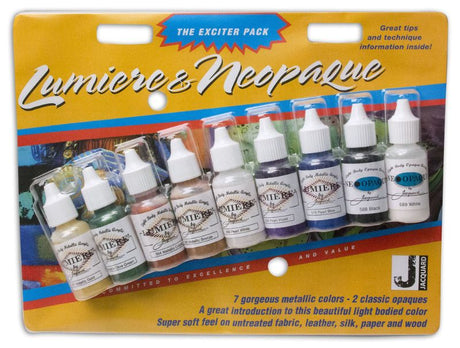 Colorful 9-pack of Jacquard Lumiere and Neopaque paints, perfect for fabric art, textile design, and mixed media projects.