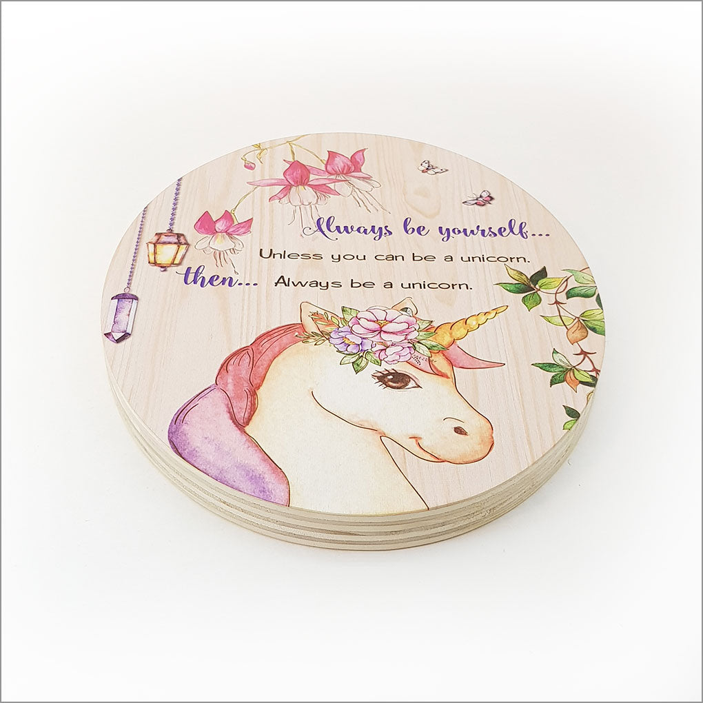 Ply Oval wall art featuring a vibrant unicorn design, crafted from eco-friendly pine, perfect for children's rooms.