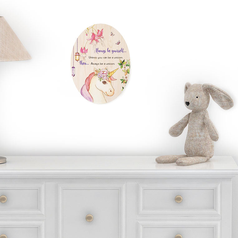 Ply Oval Wall Art featuring a vibrant unicorn design, perfect for children's spaces, made from eco-friendly pine ply.