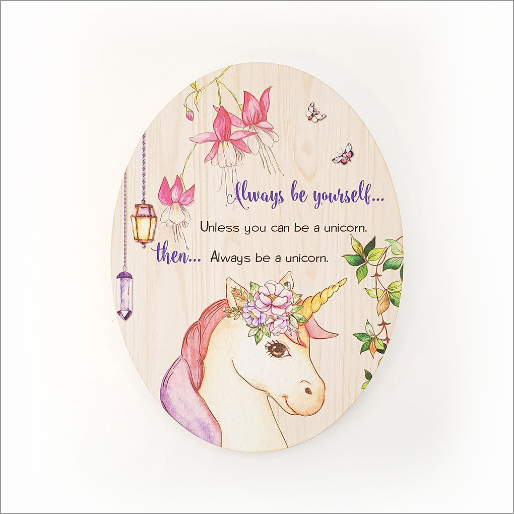 Ply Oval Wall Art featuring a vibrant unicorn design, perfect for children's rooms and inspiring imagination.
